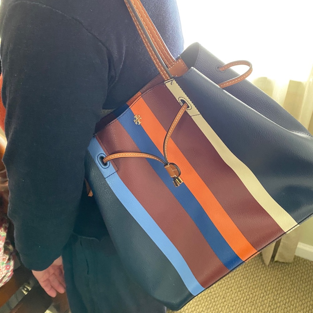 Tory Burch Navy Multi-Stripe Leather Drawstring Tote - Picture 4 of 15